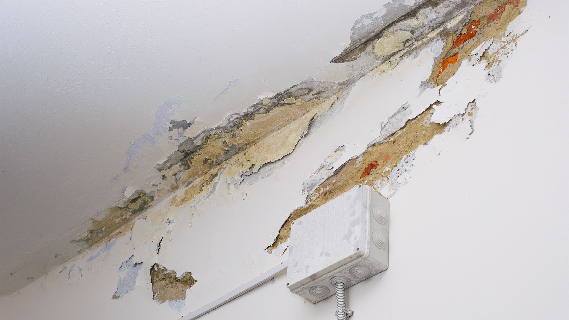 Water leak damage on ceilings and walls