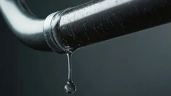 A stainless steel pipe with leaking from a joint.