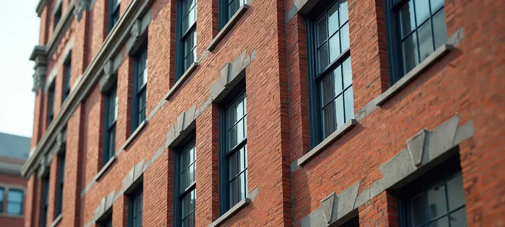 Facade of red brick office building