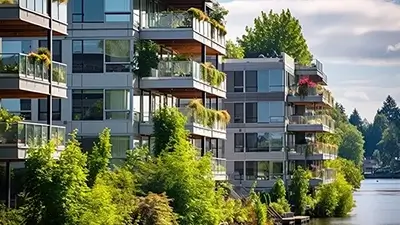 Multifamily properties overlooking a waterway